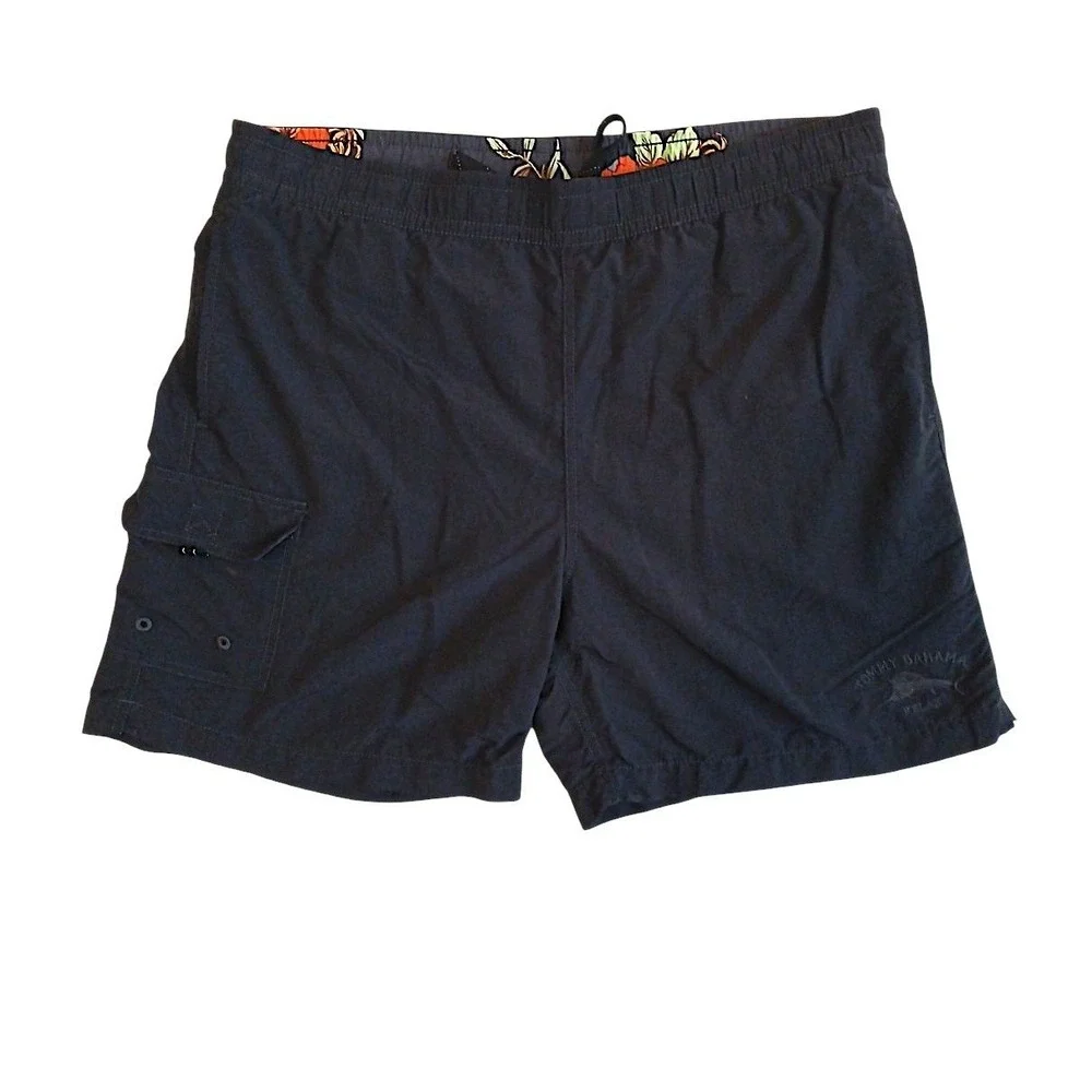 Tommy Bahama RELAX Cargo Swim Trunks M Black Board Shorts Embroidere Nautical